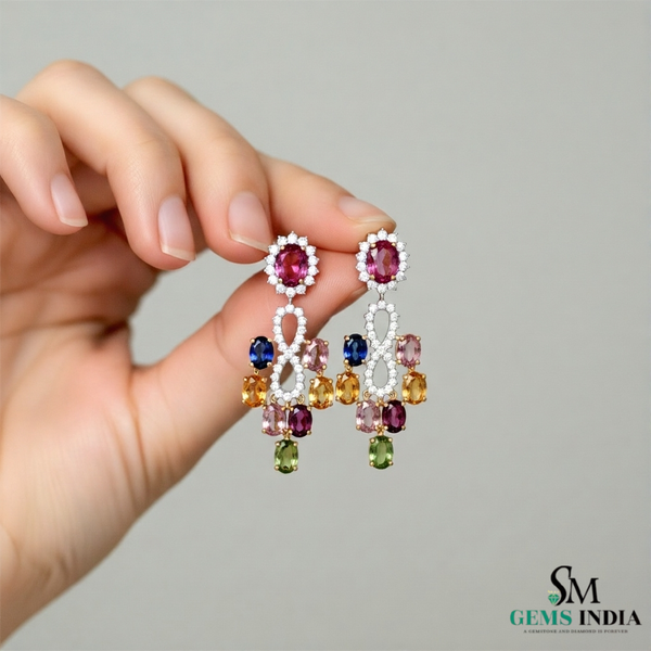 Oval shape Multicolor Gemstone Chandelier Earrings – Luxury Statement Drop Design