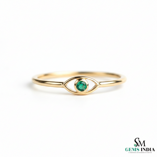 Delicate Natural Emerald Eye Symbol Fine Gold Band Ring - Minimalist emerald ring