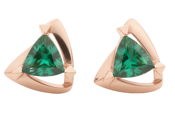 Trillion Cut Triangle shape Natural Emerald Stud Earrings in 14k gold Bold Geometric Earrings