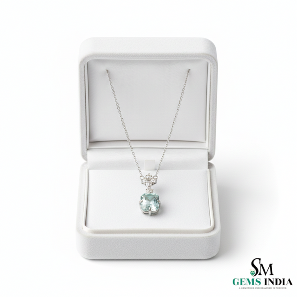 March Birthstone Octagon Cut Aquamarine & Diamond Pendant - Blue Gemstone Jewelry