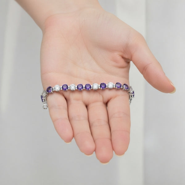 Round Natural Amethyst Diamond Bracelet for Women - Fine Gold Jewelry
