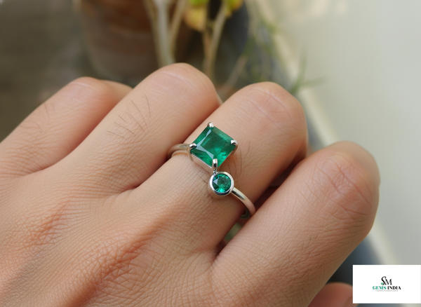 Double Emerald Open Ring in 14k Gold – Square & Round Cut Green Gemstone Band