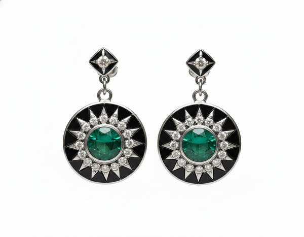 1.10 carat Black Enamel Natural Emerald Earrings 14k Gold Diamond May Birthstone