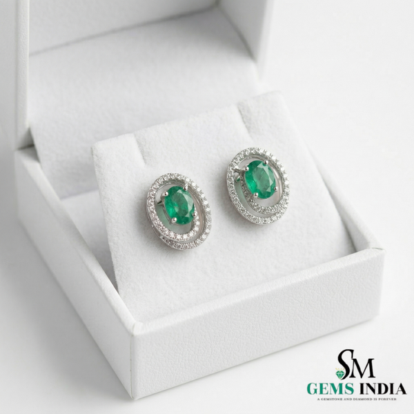 Oval Green Emerald & Diamond Halo Earrings in – Timeless Elegance