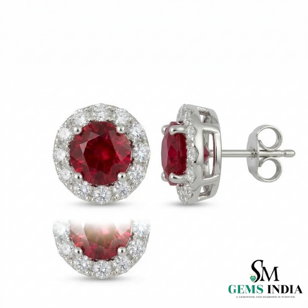 Round Ruby Halo Stud Earrings with Diamonds - Elegant Ruby Gold Stud Earrings