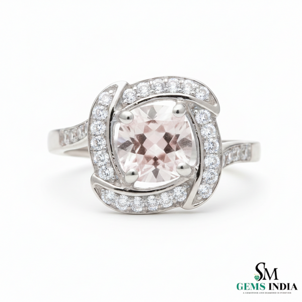 Elegant Cushion Morganite Ring with Diamond Halo - Morganite bridal ring