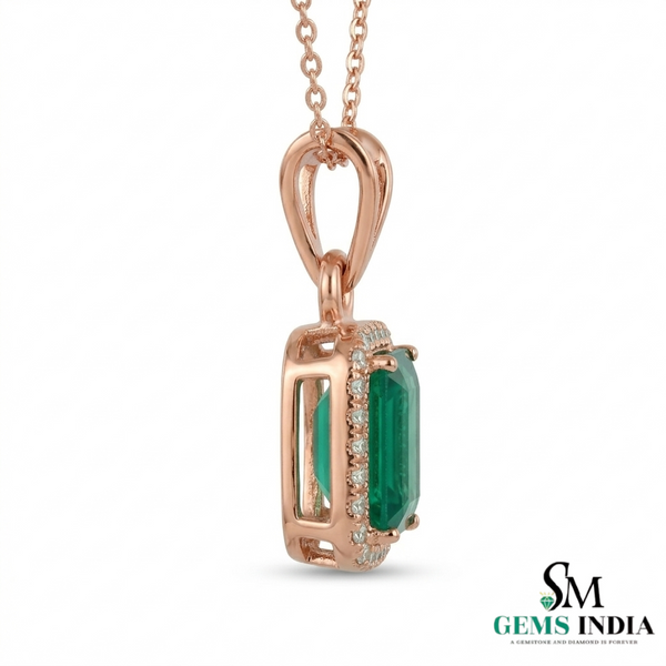 Emerald Cut Green Emerald Halo Pendant with Diamond Accents