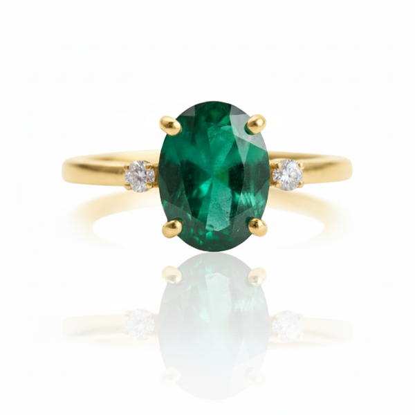 Unique Oval Cabochon Emerald and Diamond Ring 14K Gold Emerald Engagement Ring