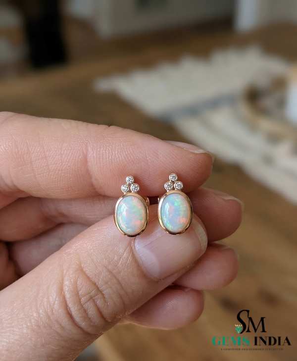 Oval Opal & Diamond Stud Earrings Elegant October Birthstone Opal Earrings for Women