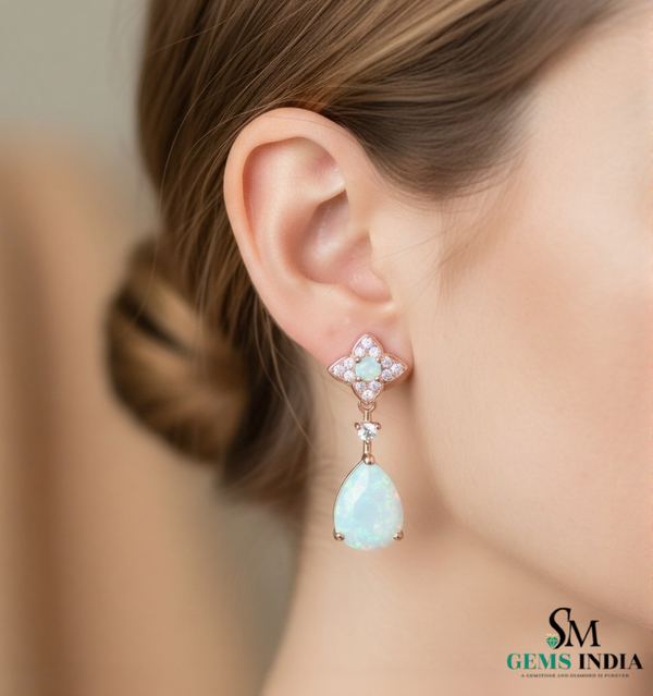 Pear Opal Stud with Round Opal Diamond Drop Earrings – October Birthstone