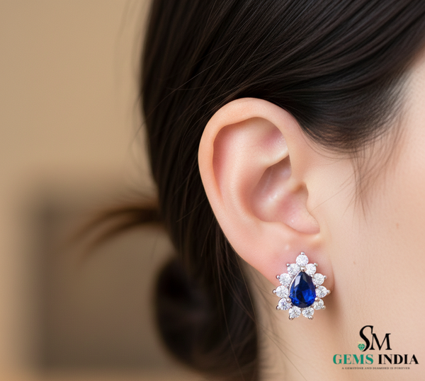 Royal Pear Blue Sapphire & Diamond Stud Earrings - Bridal Sapphire Earrings