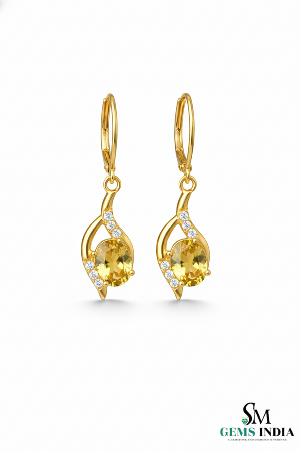 Oval Shape Natural Swirl Design Citrine Diamond Dangle Earring – Elegant Everyday Wear