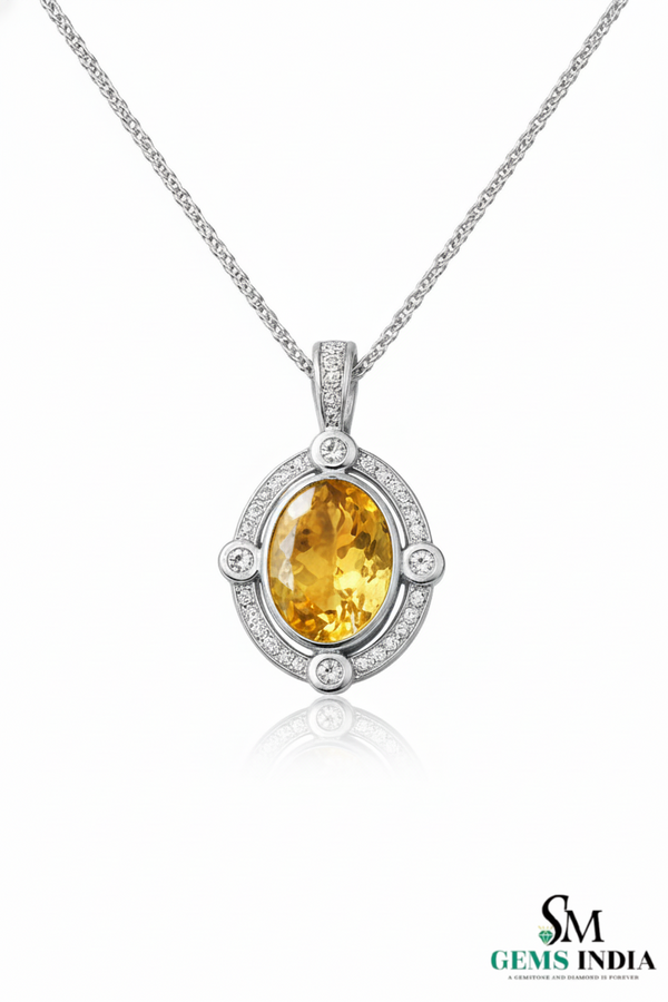 Elegant Oval Natural Citrine Gemstone Diamond Halo Pendant - Gift For Her