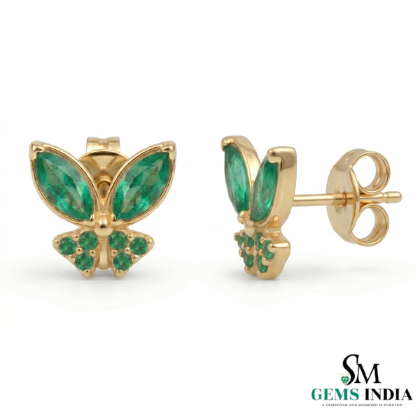 Emerald Marquise Butterfly Stud Earrings – Green Gemstone Diamond Accent Nature Inspired Fine Jewelry