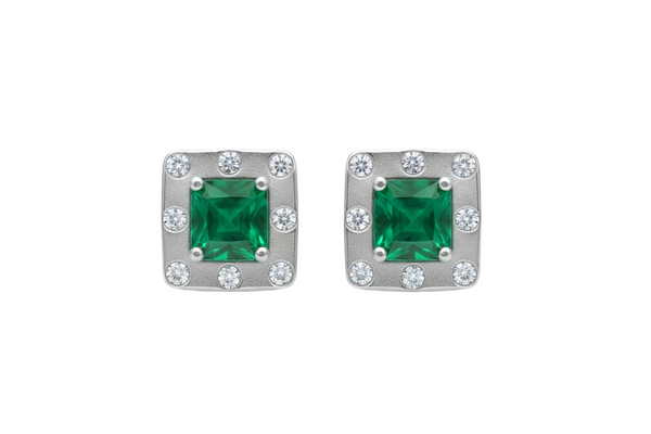 Octagon Natural Emerald & Diamond Halo Stud Earrings in 14k gold