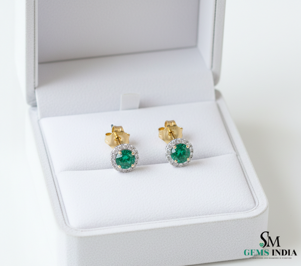 Natural Emerald and Diamond Halo Stud Earrings – Fine Gold Jewelry