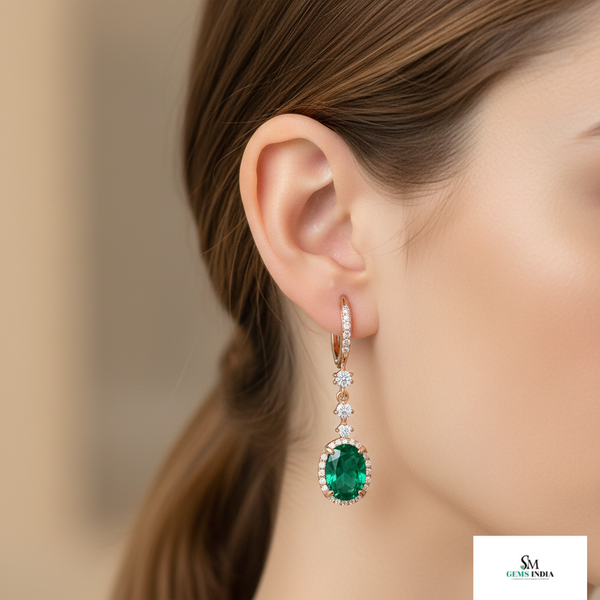 Gold Drop Earrings with Oval Natural Emerald and Diamond Accents Fine Gold Jewelry