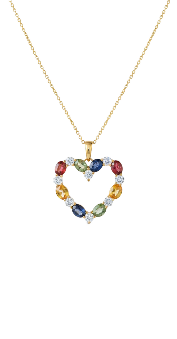 Rainbow Multicolor Oval Gemstone Heart Pendant Necklace in 18k Gold