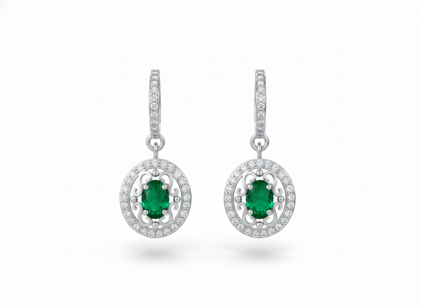 2 carat Natural Emerald Oval 14k Gold Dangle Earrings with Diamond Halo