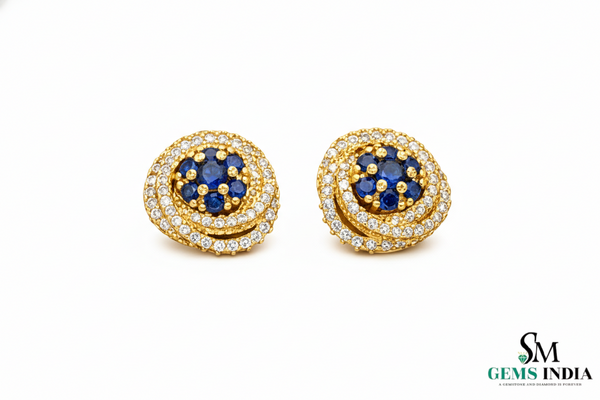 Round Blue Sapphire & Diamond Cluster Stud Earrings in 18k Gold – Vintage Halo Style