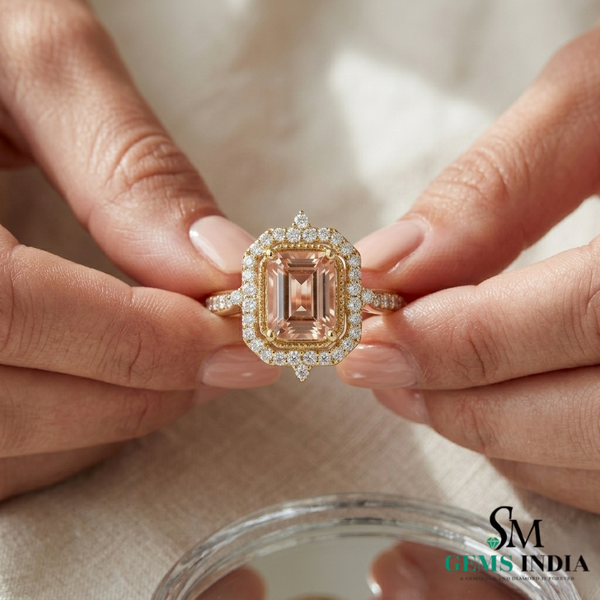 Emerald Cut Peach Morganite Ring with Diamond Halo Engagement Ring