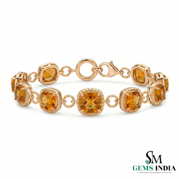 Natural Cushion Cut Citrine Halo Bracelet - Fine Gemstone Tennis Bracelet for Women