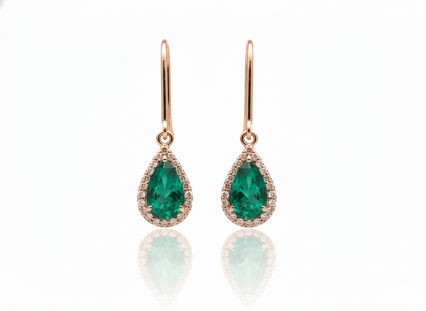 Luxurious 6 carat Pear shape Natural Emerald and Diamond Teardrop DangleEarrings in 14K Gold