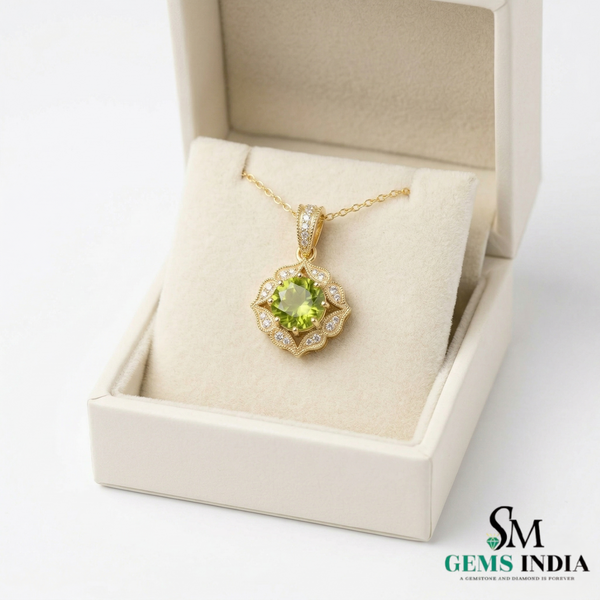 Antique Inspired Peridot Floral Pendant with Diamonds - Elegant Statement Jewelry