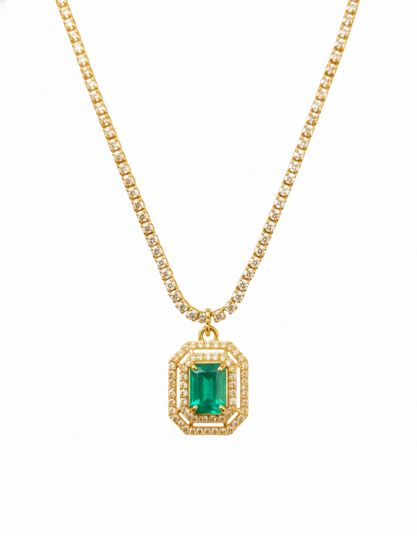 2.50 carat Green Emerald Diamond Halo Necklace With Luxury Emerald-Cut Pendant Anniversary gift