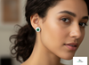 Round Natural Emerald & Diamond Halo Stud Earrings Fine White Gold Jewelry