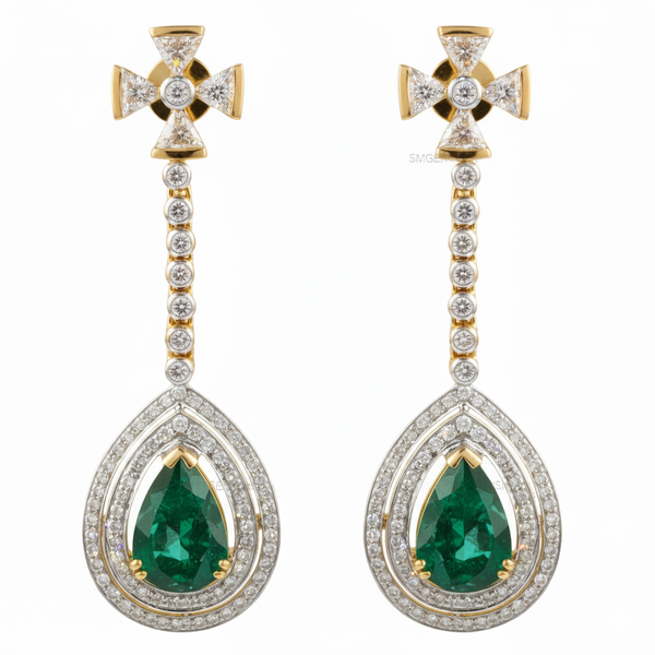 2.30 carat Pear Shape Natural Emerald And Diamond Dangle Drop Earrings