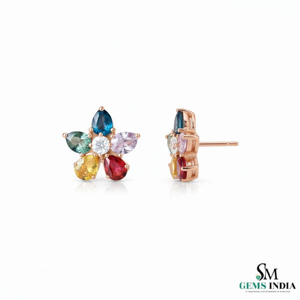 Multicolor Pear Cut Gemstone Flower Stud Earrings – Diamond Center Floral Cluster Earrings for Women