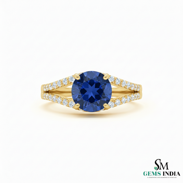 Round Blue Sapphire Diamond Split Shank Ring in 18k Gold