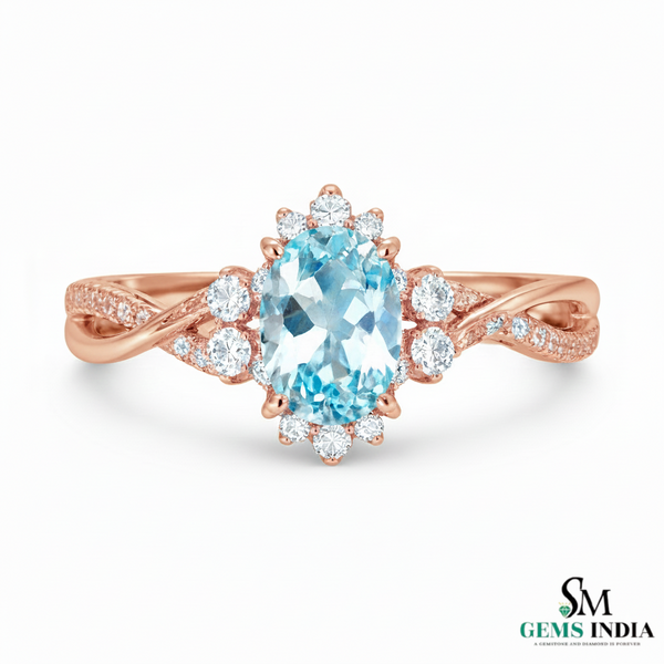 Natural Aquamarine Oval Diamond Ring - Twisted Gold Band