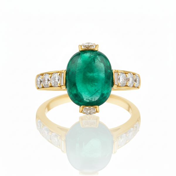 Oval shape Natural Emerald Cabochon Engagement Ring with Diamond Band 3.20 carat 18K Gold Ring