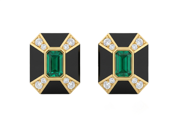 1.30 carat Emerald Cut Zambian Emerald & Diamond Black Enamel 14k Gold Stud Earrings