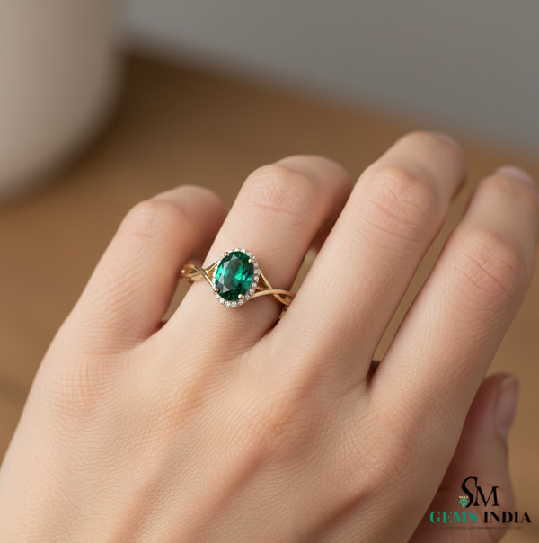 Oval Cut Emerald Ring with Diamond Halo & Split Shank Band