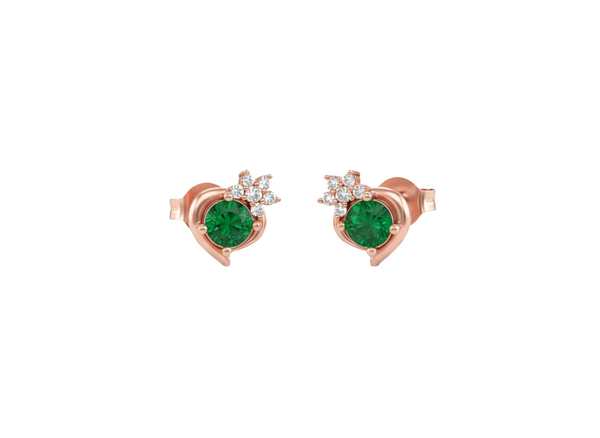 Classic Round Natural Emerald & Diamond Floral Stud Earrings in 18K Gold