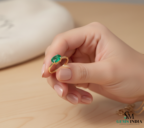 Oval Cut Green Emerald Ring in Gold – Minimalist Natural Gemstone Stackable Ring