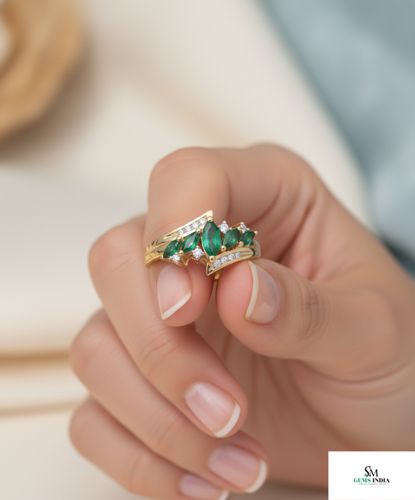 Marquise cut 1.40 carat Natural Emerald and Diamond Leaf Ring in 14k Gold