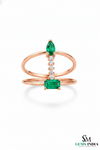 Pear & Emerald Cut Emerald Open Ring with Diamond Bar