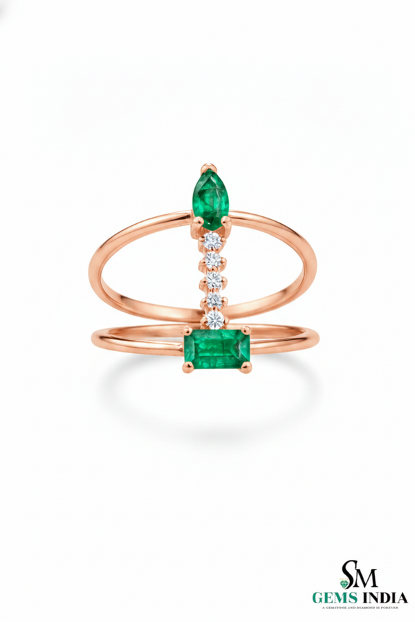 Pear & Emerald Cut Emerald Open Ring with Diamond Bar