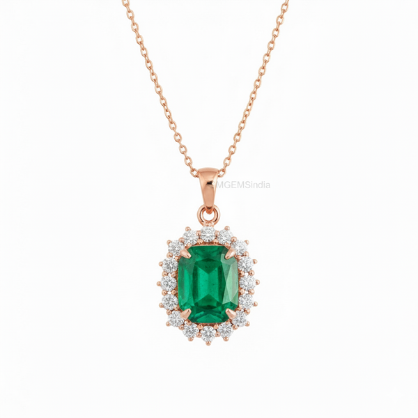 Natural Cushion Emerald Necklace in 14K Gold Diamond Halo Pendant for Her