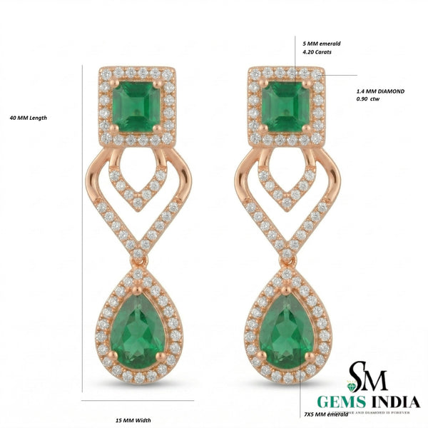 14K Gold Square Cut & Pear Emerald Diamond Dangle Earrings