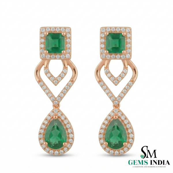14K Gold Square Cut & Pear Emerald Diamond Dangle Earrings