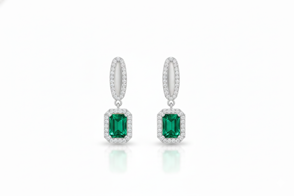 Royal Emerald cut Natural Emerald Halo Drops Earring– 14K Gold Dangle Elegance