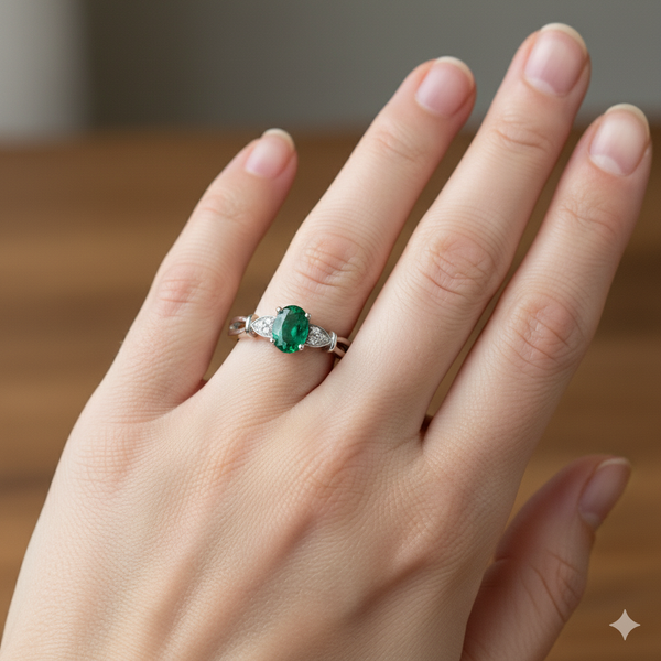 1.20 carat Oval shape Natural Emerald and Diamond Split Shank Ring in 14k Gold Gift for her