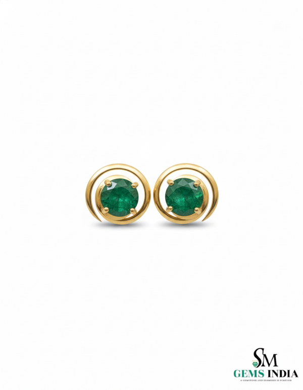 Natural Emerald Stud Earrings – Round Emerald Minimal Swirl Design