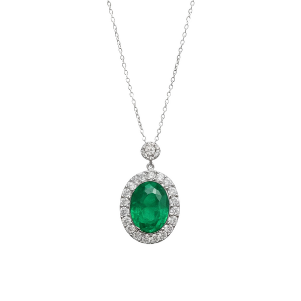 Green Gemstone Emerald and Diamond Halo Necklace 4.20 carat Oval Cut Gold Design