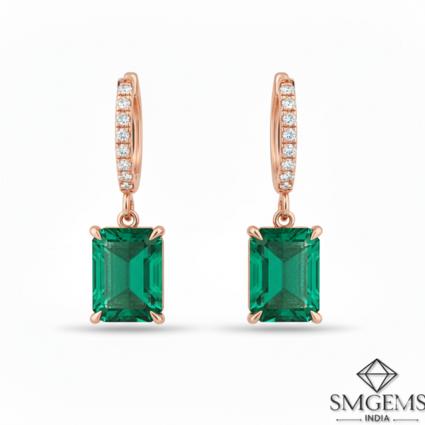 Elegant Emerald cut Natural Emerald Halo Drop Earrings in 14K Yellow Gold Geometric Design (Copy)